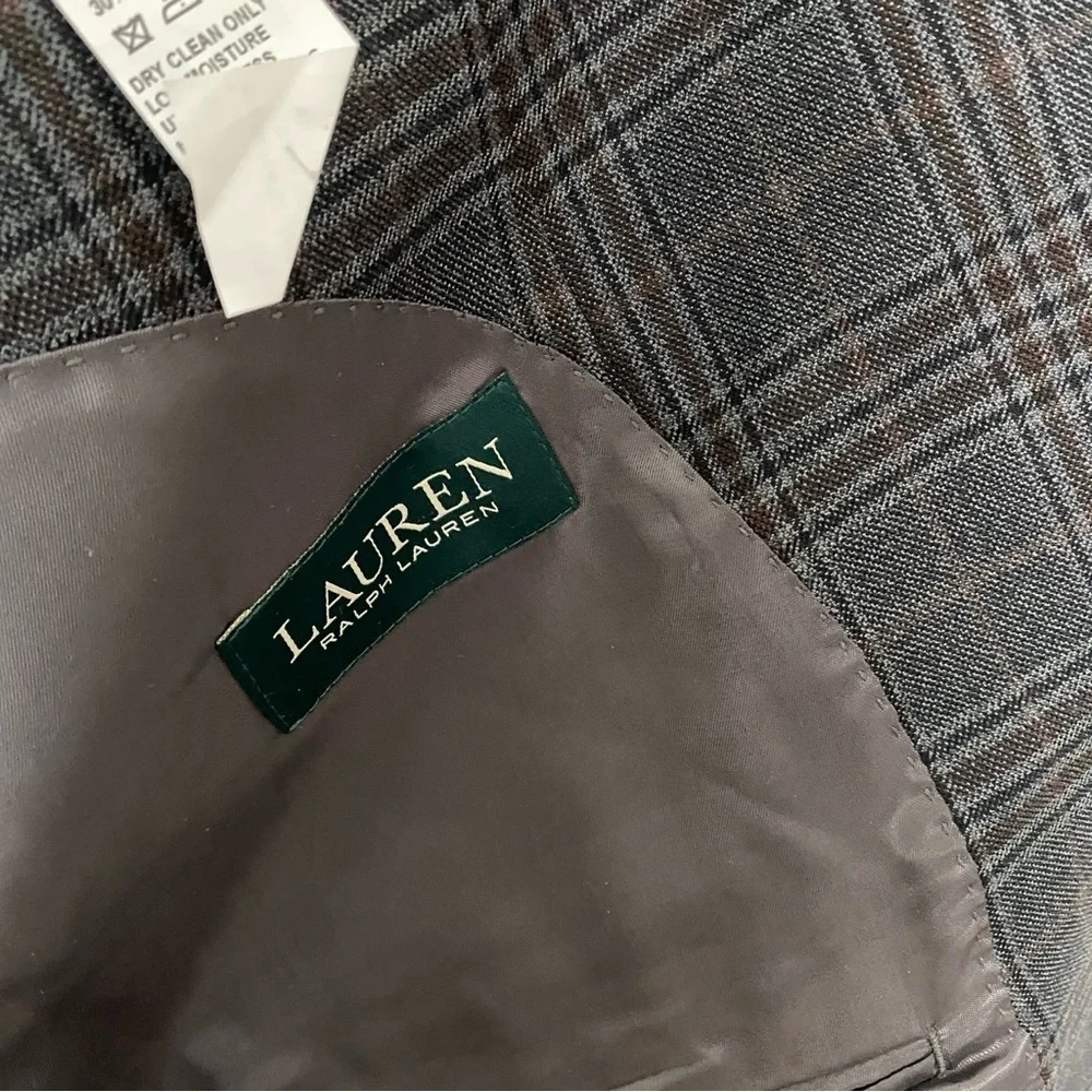 Lauren Ralph Lauren Plaid Sport Coat Blazer Suit Jacket Mens 44L Grey Brown Wool